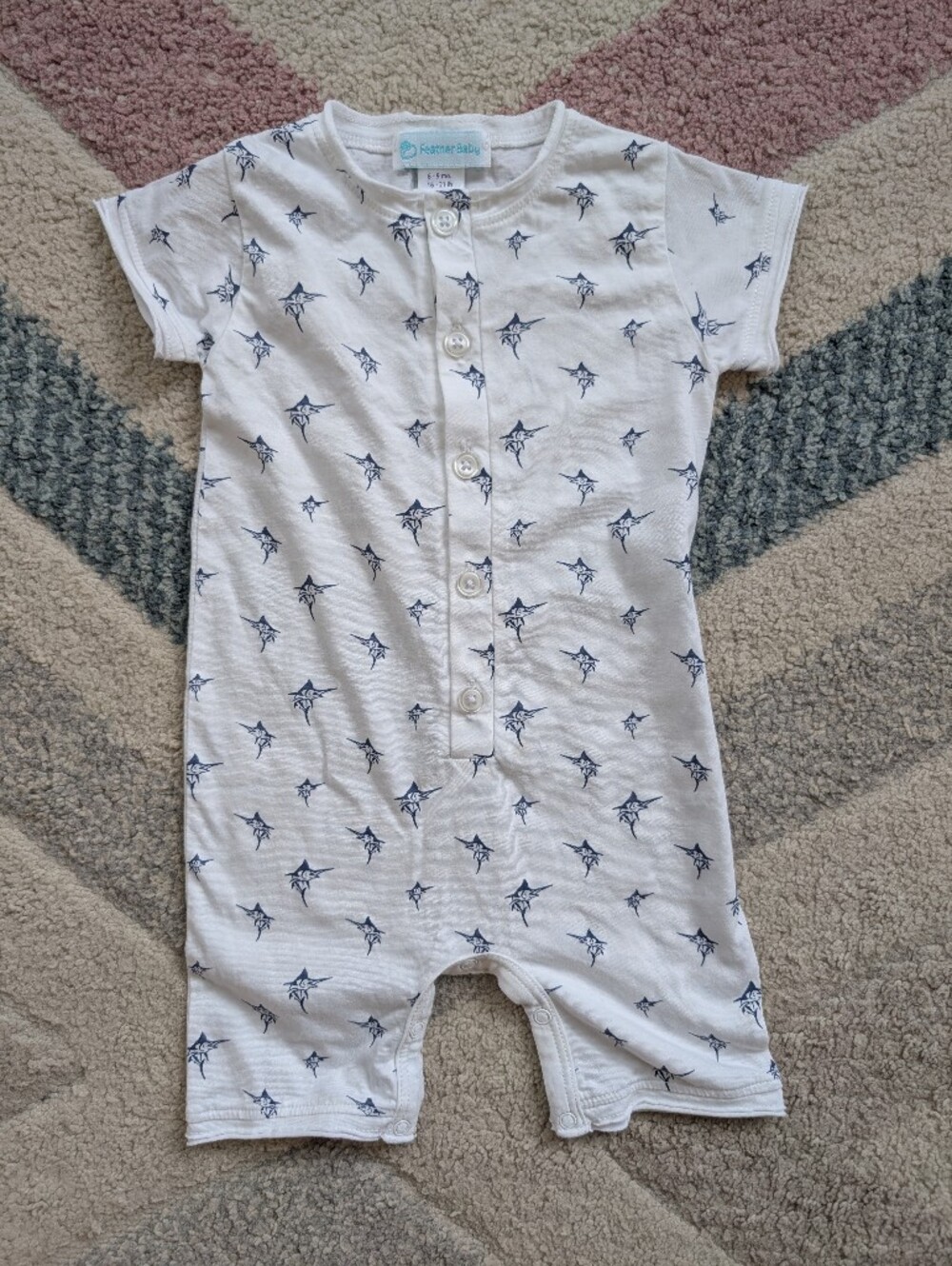 6-9 Month Feather Baby Boy Pima Cotton Marlin Fishing Romper